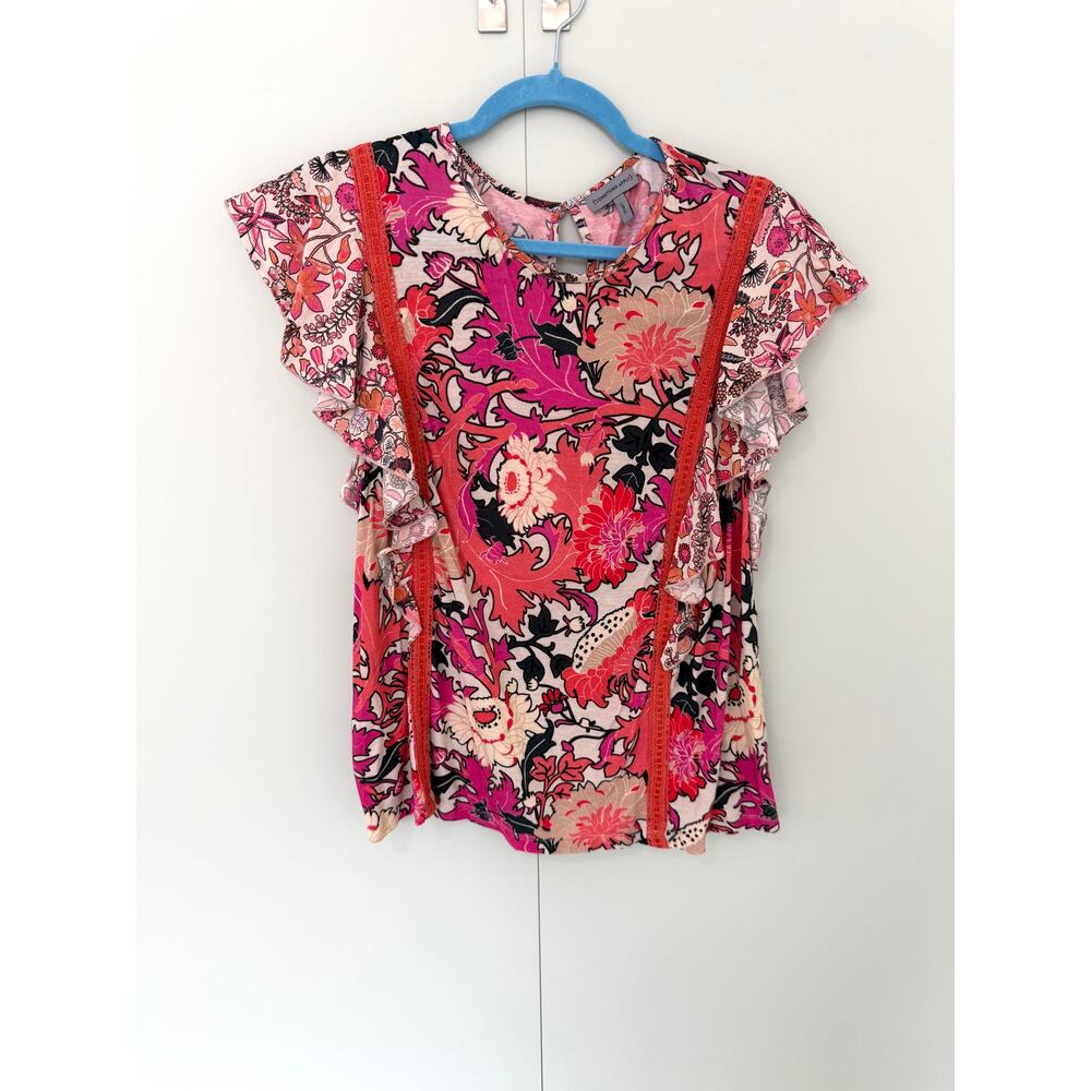 CONDITIONS APPLY X ANTHROPOLOGIE Zofana Top Vibrant Botanical Floral Pink Print - Picture 3 of 9